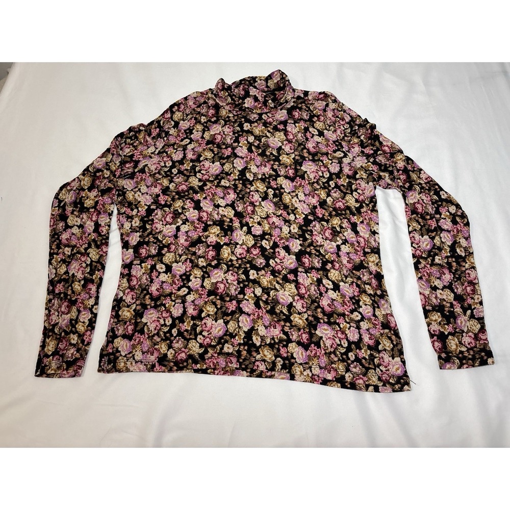 H&M Women's XL Floral Turtleneck Knit Top, Long Sleeve, Stretch, Black/Pink